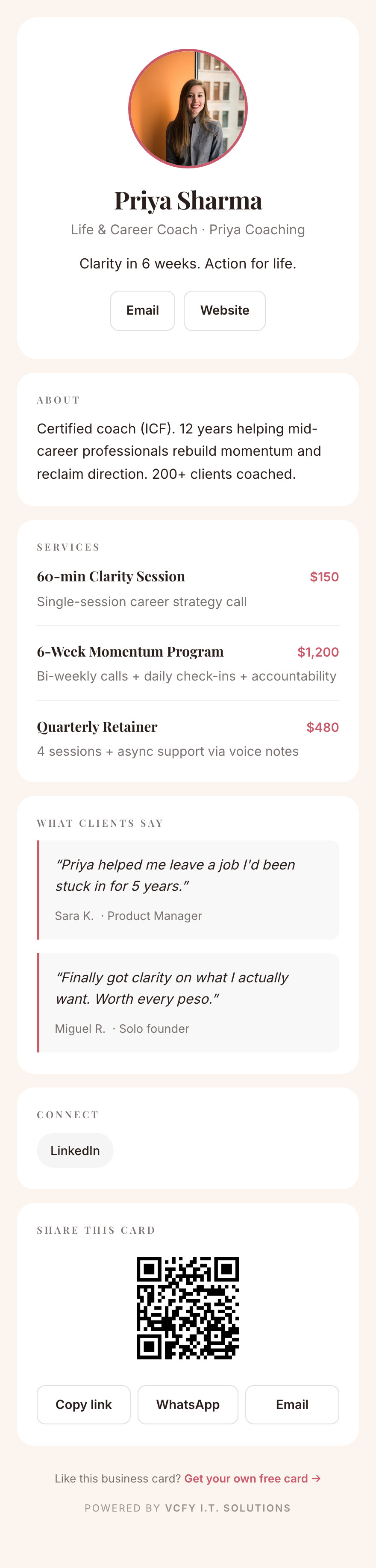 Sample card: Priya Sharma, life and career coach, Rose Cream theme